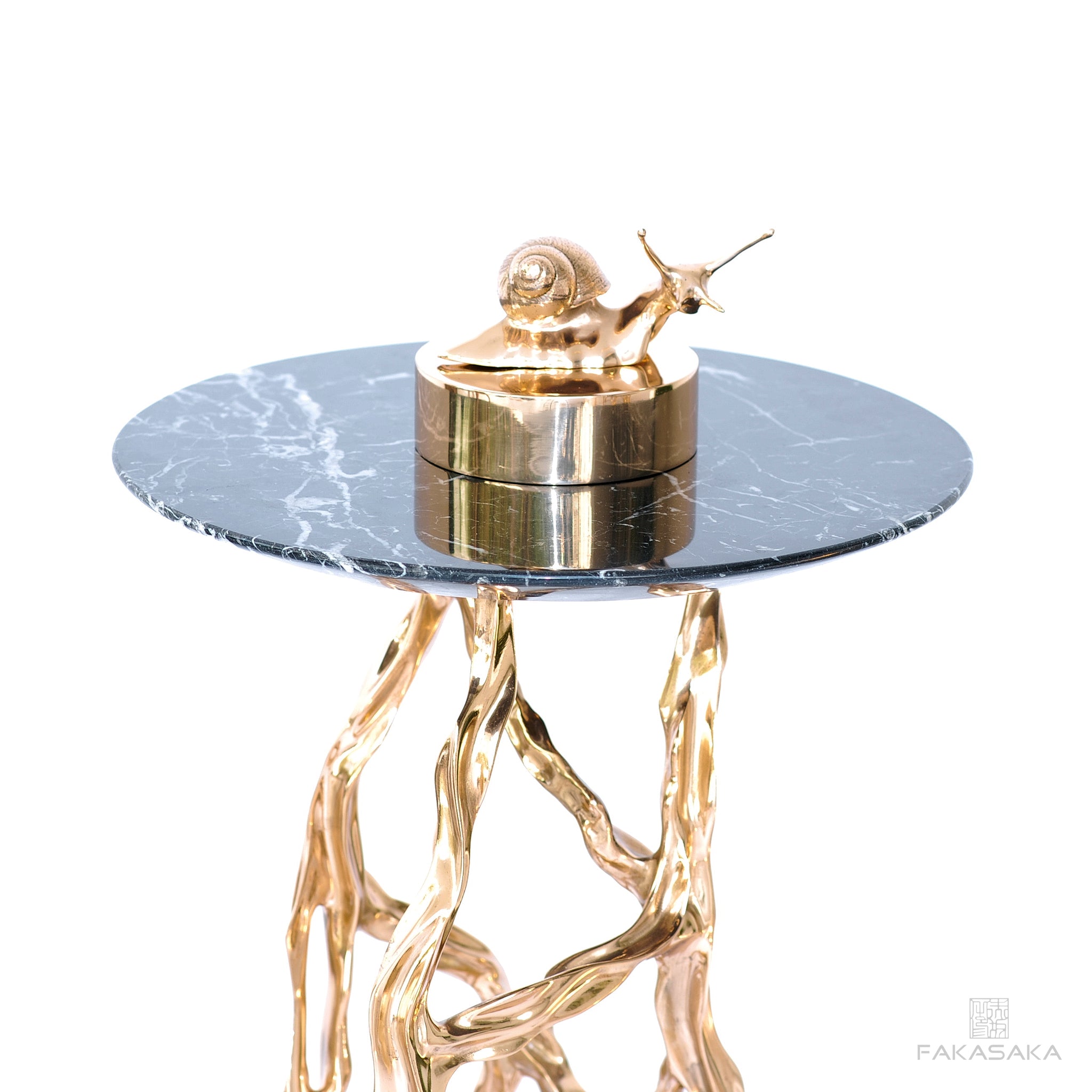 ALEXIA DRINK TABLE<br><br>NERO MARQUINA MARBLE<br>POLISHED BRONZE